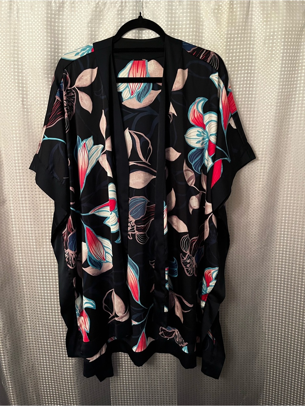 Chico's Black Floral Satin Kimono Jacket with Turquoise & Pink Accents